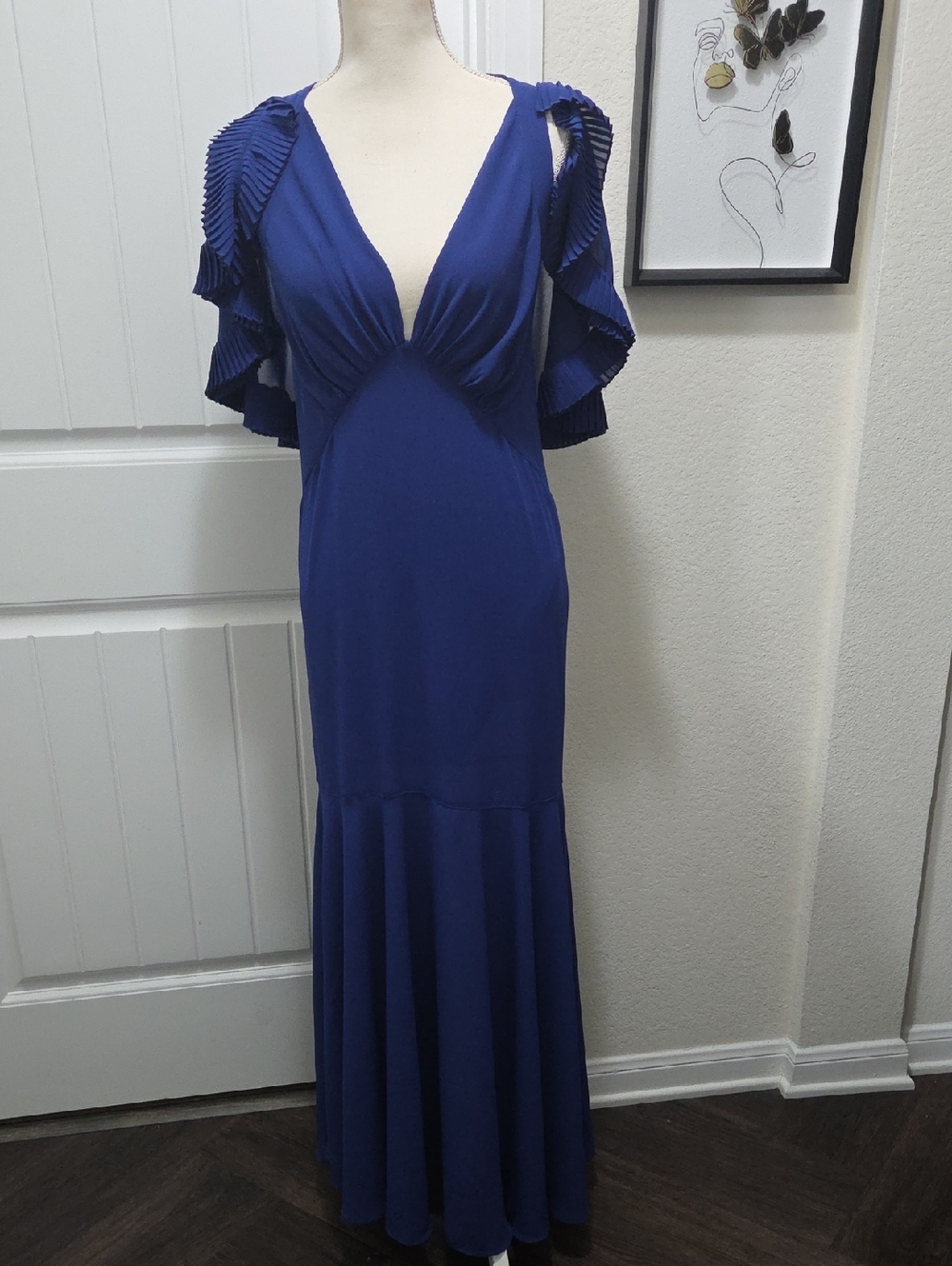 Nasty Gal Royal Blue V-Neck Maxi Dress with Pleated Flutter Sleeves